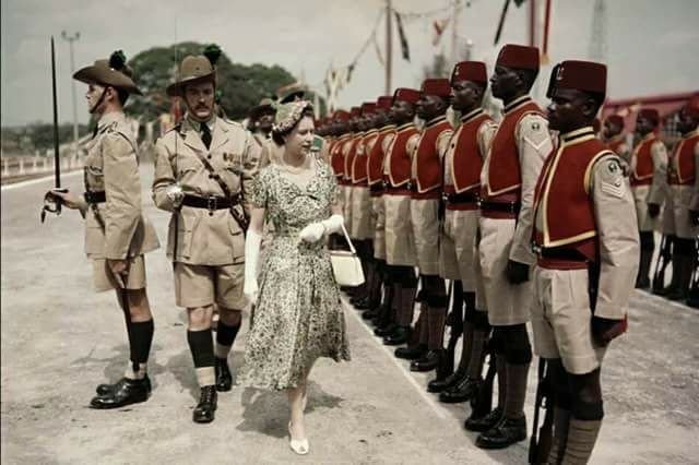 Queen Elizabeth II inspects the Nigerian Army of the Royal West African