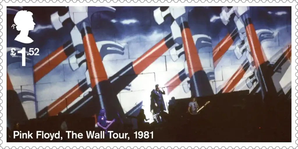 Stamp showing an image from the bands The Wall tour in 1981