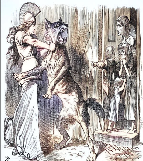 Britannia holding the wolf of starvation