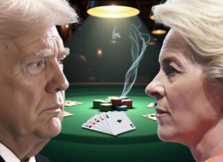 The EU Folds: Brussels Signals Retreat in Face of Trump’s Trade Offensive  EU folds Trump, Ursula von der Leyen.